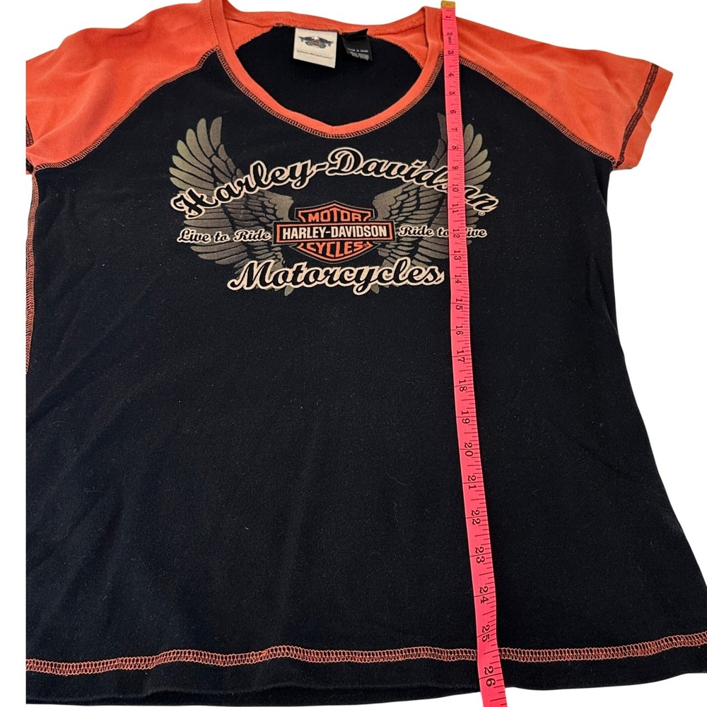 Harley-Davidson Womens Orange Black Raglan V-Neck Graphic T-Shirt Large - Picture 6 of 6